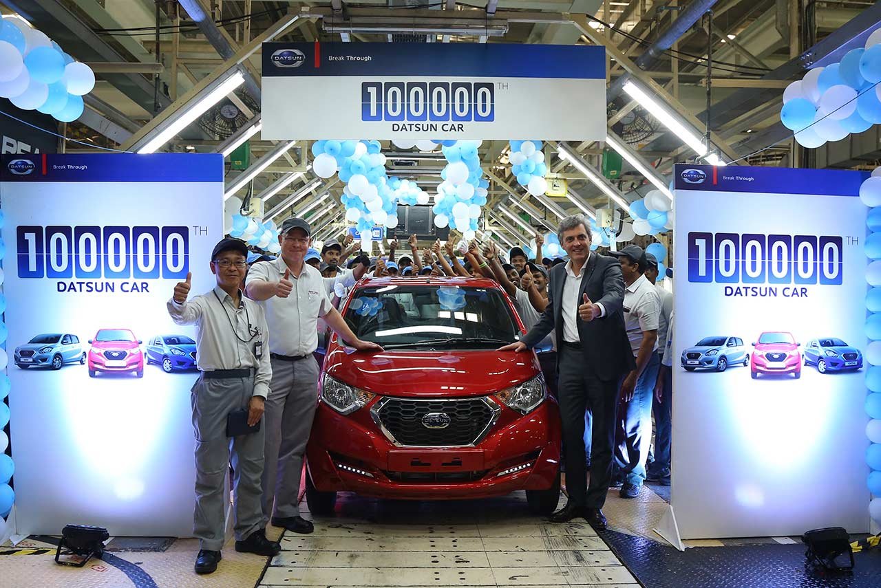 1,00,000th Datsun milestone car redi-go ruby red rolling out from chennai facility