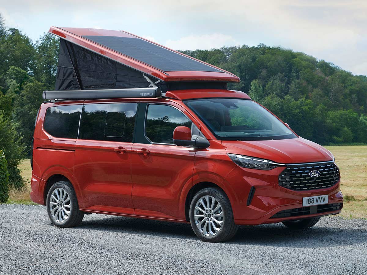 2023 Ford Nugget Camper Van Front Quarter View Roof Tent Open